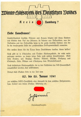 Spendenbitte WHW Kreis Hamburg, datiert 1941, A5