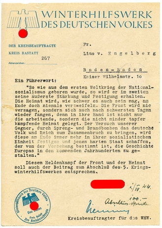 Spendenbitte WHW Kreis Rastatt, datiert 1944, A5