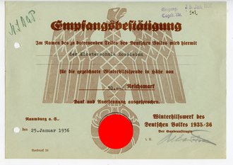 WHW, Empfangsbestätigung einer Spende über 30 Reichsmark von der Klosterschule Rossleben, datiert 1936