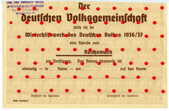 Nachweis WHW über eine Spende, datiert 1936/37, nicht ausgefüllt, oben abgeschnitten