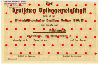 Nachweis WHW über eine Spende, datiert 1936/37, nicht ausgefüllt, oben abgeschnitten
