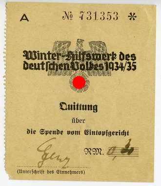 WHW 1934/35, Quittung über die Spende vom Eintopfgericht