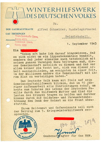 Spendenbitte WHW Gau Thüringen, datiert 1943, A5