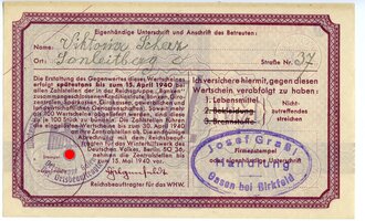 Kriegswinterhilfswerk, datiert 1940, Wertschein über 1 RM