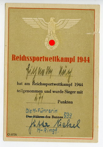 HJ Reichssportwettkampf 1944, Siegerurkunde für eine Mädel Führerin des Bann 599