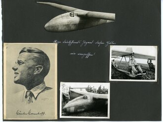 Segelflugzeugführer Günter Groenhoff, 2 Privataufnahmen sowie eine Ansichtkarte auf Seite eines Fotoalbum