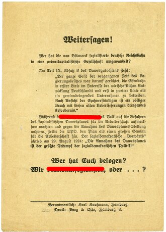 Handzettel "Georg Strasser spricht " am 27.Juli auf dem Viktoria Sportplatz Hoheluftchaussee. DIN A5