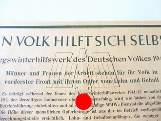 WHW 1941/42 "Ein Volk hilft sich selbst", Informationsplakat über die monatlichen Opferbeträge eines Betriebes, Maße 30 x 42 cm