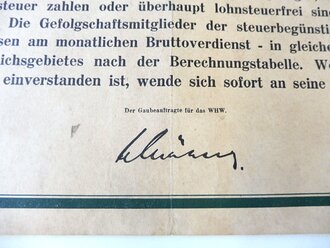WHW 1941/42 "Ein Volk hilft sich selbst", Informationsplakat über die monatlichen Opferbeträge eines Betriebes, Maße 30 x 42 cm