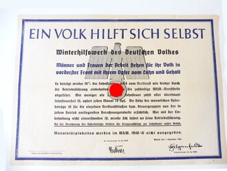 WHW 1940/41 "Ein Volk hilft sich selbst", Informationsplakat über die monatlichen Opferbeträge eines Betriebes, Maße 30 x 42 cm
