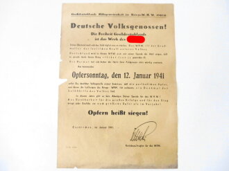 WHW 1940/41 Handzettel "Opfersonntag den 12. Januar 1941 in Euskirchen", A4