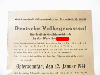 WHW 1940/41 Handzettel "Opfersonntag den 12. Januar...
