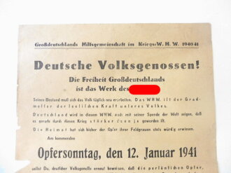 WHW 1940/41 Handzettel "Opfersonntag den 12. Januar 1941 in Euskirchen", A4