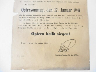 WHW 1940/41 Handzettel "Opfersonntag den 12. Januar 1941 in Euskirchen", A4