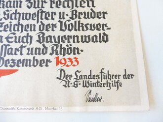 WHW Dankesurkunde "Bayerische Frauen und Mädchen.." 1933, Maße 26 x 34 cm, 