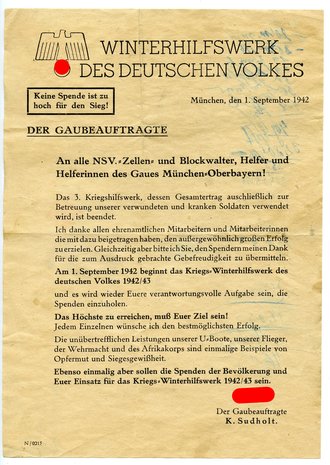 WHW Handzettel über den Beginn des Kriegs-Winterhilfswerks 1942/43, datiert September 1942, A5