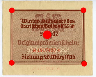 Winterhilfswerk 1935/36 Serie 12 Originalprämienschein, Ziehung 20. März 1936, Kleinformat