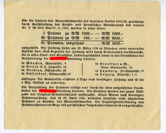 Winterhilfswerk 1935/36 Serie 12 Originalprämienschein, Ziehung 20. März 1936, Kleinformat