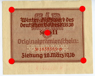 Winterhilfswerk 1935/36 Serie 11 Originalprämienschein, Ziehung 20. März 1936, Kleinformat