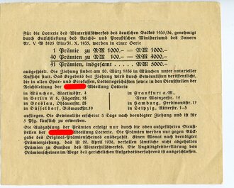 Winterhilfswerk 1935/36 Serie 11 Originalprämienschein, Ziehung 20. März 1936, Kleinformat