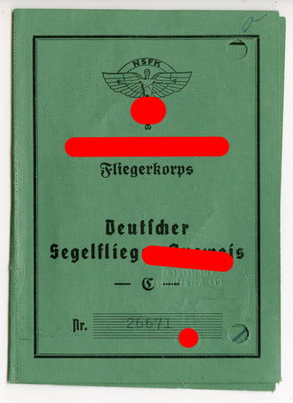 NSFK "Segelflieger Ausweis C" eines Angehörigen aus Bad Godesberg datiert 1941