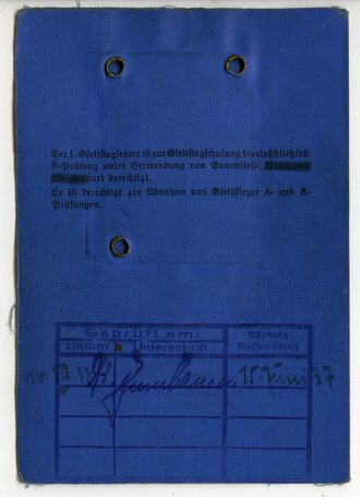 Ausweis " Gleitfluglehrer des Deutschen Luftsport Verbandes" ausgestellt 1935