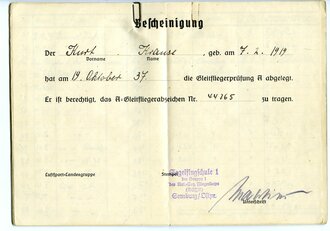 Deutscher Luftsport-Verband, Flugbuch für Segelflieger für einen Angehörigen der HJ Gruppe Ostland, datiert 1937-42. Dazu die Berechtigung das Gleitflieger A Abzeichen zu tragen