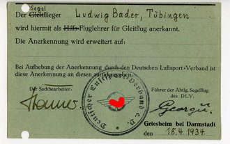 Deutscher Luftsport-Verband, Anerkennung zum Fluglehrer für Gleitflug, datiert 1934