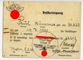 NSFK Bescheinigung über eine abgelegte Gleitfliegerprüfung, datiert 1940