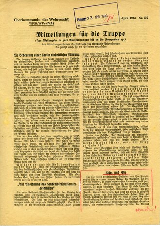 Mitteilungen für die Truppe Nr. 257, datiert April 1943, A4
