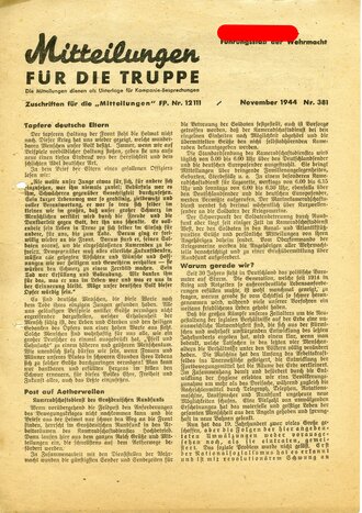 Mitteilungen für die Truppe Nr. 381, datiert November 1944, A4, links eingerissen