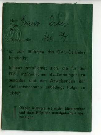 Deutsche Versuchsanstalt für Luftfahrt e.V., Ausweis zum Betreten des DVL Geländes, ausgestellt 1934