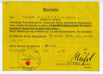 Ausweis zum Führen von Land-Flugzeugen der Baumuster Fw44, He 72, Bü 131 und Ar66, datiert 1938