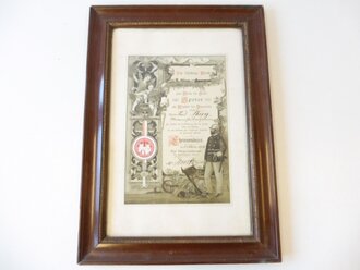 Gerahmte Urkunde zur Feuerwehr Ehrendenkmünze der Stadt Speyer datiert 1911. Maße des Rahmens 38x 53cm
