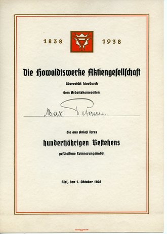 Urkunde zur Erinnerungsnadel der Howaldtswerke AG aus Anlaß des hunderjährigen Bestehes 1938. DIN A4