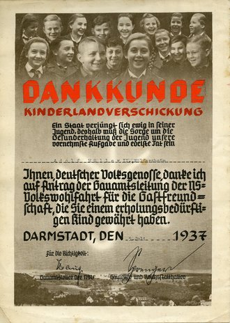 Dankkunde Kinderlandverschickung für ein 1937...