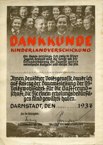 Dankkunde Kinderlandverschickung für ein 1937 aufgenommenes Kind. DIN A4