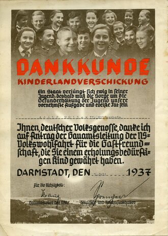 Dankkunde Kinderlandverschickung für ein 1937 aufgenommenes Kind. DIN A4