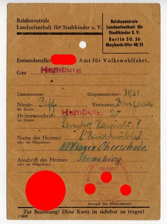 NSV Kinderlandverschickungslager-Oberschule Straubing, Ausweiskarte für ein Kind aus Hamburg