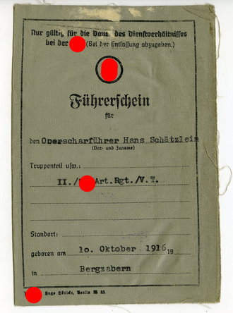 SS Führerschein, ausgestellt an einen Oberscharführer des II. SS Art. Rgr. / V.T. 1940