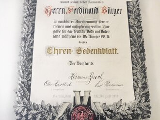 Verein ehem. 1. Garde Dragoner zu Berlin, grossformatiges Ehren Gedenkblatt " in dankbarer Anerkennung......"