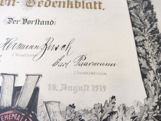 Verein ehem. 1. Garde Dragoner zu Berlin, grossformatiges Ehren Gedenkblatt " in dankbarer Anerkennung......"