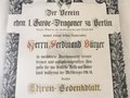 Verein ehem. 1. Garde Dragoner zu Berlin, grossformatiges Ehren Gedenkblatt " in dankbarer Anerkennung......"