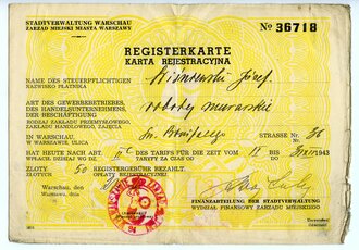 Generalgouvernement ( Besetzte polnische Gebiete ) Registerkarte für Gewerbetreibende der Stadt Warschau datiert 1943