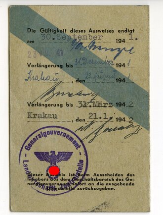 Generalgouvernement ( Besetzte polnische Gebiete ) Ausweis einer Polin die bei der Landwirtschaftlichen Zentralstelle in Krakau beschäftigt ist, ausgestellt 1941