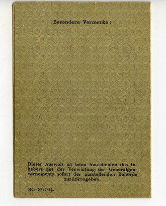 Generalgouvernement ( Besetzte polnische Gebiete ) Personalausweis für nichtdeutsche Verwaltungsdienstangehörige , ausgestellt Krakau 1944, Lichtbild fehlt