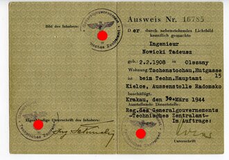 Generalgouvernement ( Besetzte polnische Gebiete ) Personalausweis für nichtdeutsche Verwaltungsdienstangehörige , ausgestellt Krakau 1944, Lichtbild fehlt