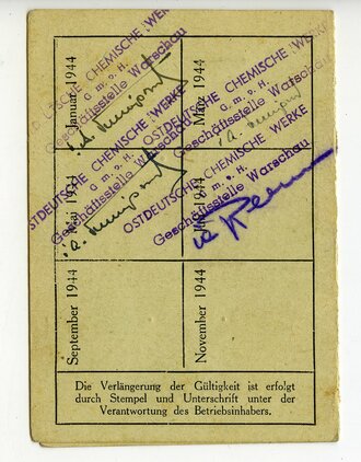 Generalgouvernement ( Besetzte polnische Gebiete ) Betriebs Ausweis für einen Lagerarbeiter der "Ostdeutsche Chemische Werke, Geschäftsstelle Warschau"