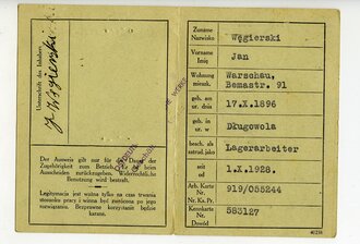 Generalgouvernement ( Besetzte polnische Gebiete ) Betriebs Ausweis für einen Lagerarbeiter der "Ostdeutsche Chemische Werke, Geschäftsstelle Warschau"