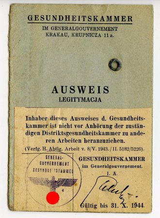 Generalgouvernement ( Besetzte polnische Gebiete ) Ausweis für eine Angehörigen der Gesundheitskammer Karakau
